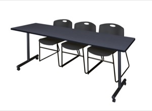 84" x 24" Kobe T-Base Mobile Training Table - Grey & 3 Zeng Stack Chairs - Black