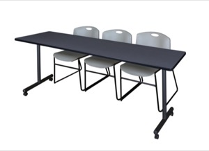 84" x 24" Kobe T-Base Mobile Training Table - Grey & 3 Zeng Stack Chairs - Grey