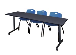 84" x 24" Kobe T-Base Mobile Training Table - Grey & 3 'M' Stack Chairs - Blue