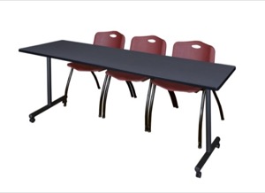 84" x 24" Kobe T-Base Mobile Training Table - Grey & 3 'M' Stack Chairs - Burgundy