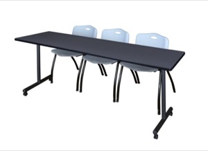 84" x 24" Kobe T-Base Mobile Training Table - Grey & 3 'M' Stack Chairs - Grey