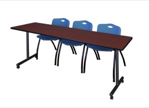 84" x 24" Kobe T-Base Mobile Training Table - Mahogany & 3 'M' Stack Chairs - Blue