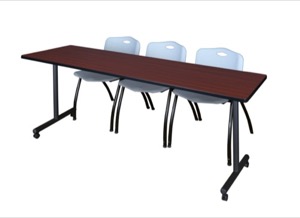 84" x 24" Kobe T-Base Mobile Training Table - Mahogany & 3 'M' Stack Chairs - Grey