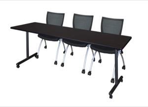 84" x 24" Kobe T-Base Mobile Training Table - Mocha Walnut & 3 Apprentice Chairs - Black