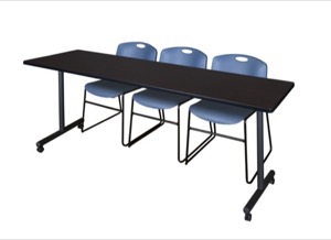 84" x 24" Kobe T-Base Mobile Training Table - Mocha Walnut & 3 Zeng Stack Chairs - Blue