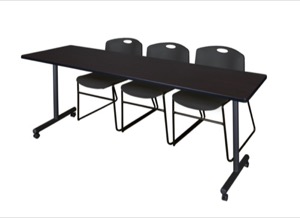 84" x 24" Kobe T-Base Mobile Training Table - Mocha Walnut & 3 Zeng Stack Chairs - Black