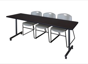 84" x 24" Kobe T-Base Mobile Training Table - Mocha Walnut & 3 Zeng Stack Chairs - Grey