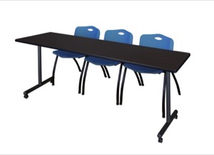 84" x 24" Kobe T-Base Mobile Training Table - Mocha Walnut & 3 'M' Stack Chairs - Blue