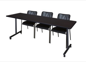 84" x 24" Kobe T-Base Mobile Training Table - Mocha Walnut & 3 Mario Stack Chairs - Black