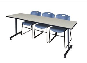 84" x 24" Kobe T-Base Mobile Training Table - Maple & 3 Zeng Stack Chairs - Blue