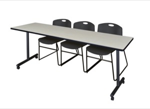 84" x 24" Kobe T-Base Mobile Training Table - Maple & 3 Zeng Stack Chairs - Black