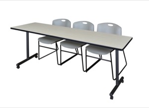 84" x 24" Kobe T-Base Mobile Training Table - Maple & 3 Zeng Stack Chairs - Grey