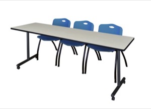 84" x 24" Kobe T-Base Mobile Training Table - Maple & 3 'M' Stack Chairs - Blue