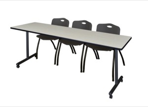 84" x 24" Kobe T-Base Mobile Training Table - Maple & 3 'M' Stack Chairs - Black