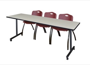 84" x 24" Kobe T-Base Mobile Training Table - Maple & 3 'M' Stack Chairs - Burgundy
