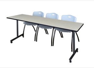 84" x 24" Kobe T-Base Mobile Training Table - Maple & 3 'M' Stack Chairs - Grey
