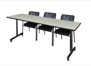84" x 24" Kobe T-Base Mobile Training Table - Maple & 3 Mario Stack Chairs - Black