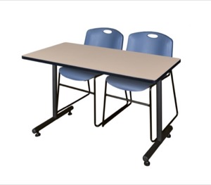 48" x 24" Kobe Training Table - Beige & 2 Zeng Stack Chairs - Blue