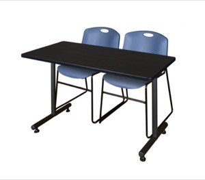 48" x 24" Kobe Training Table - Mocha Walnut & 2 Zeng Stack Chairs - Blue