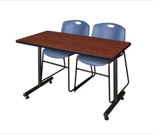 48" x 30" Kobe Training Table - Cherry and 2 Zeng Stack Chairs - Blue