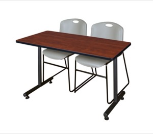 48" x 30" Kobe Training Table - Cherry and 2 Zeng Stack Chairs - Grey