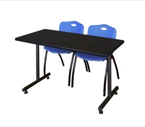 48" x 30" Kobe Training Table - Mocha Walnut and 2 "M" Stack Chairs - Blue