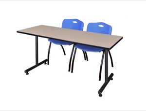 60" x 24" Kobe Training Table - Beige & 2 'M' Stack Chairs - Blue