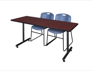 60" x 24" Kobe Training Table - Mahogany & 2 Zeng Stack Chairs - Blue