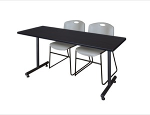 60" x 24" Kobe Training Table - Mocha Walnut & 2 Zeng Stack Chairs - Grey