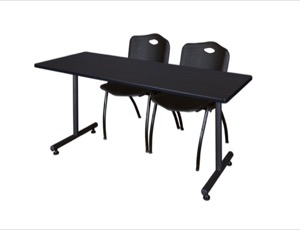 60" x 24" Kobe Training Table - Mocha Walnut & 2 'M' Stack Chairs - Black