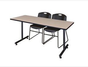 60" x 30" Kobe Training Table - Beige and 2 Zeng Stack Chairs - Black