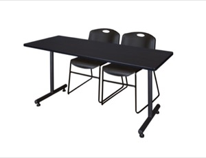 60" x 30" Kobe Training Table - Mocha Walnut and 2 Zeng Stack Chairs - Black
