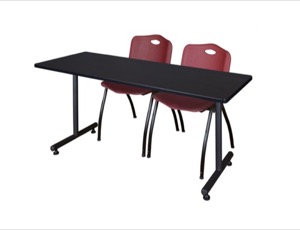 60" x 30" Kobe Training Table - Mocha Walnut and 2 "M" Stack Chairs - Burgundy