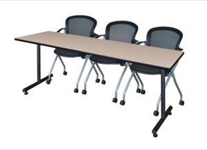 84" x 24" Kobe Training Table - Beige and 3 Cadence Nesting Chairs