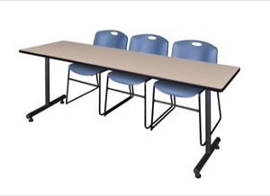 84" x 24" Kobe Training Table - Beige & 3 Zeng Stack Chairs - Blue