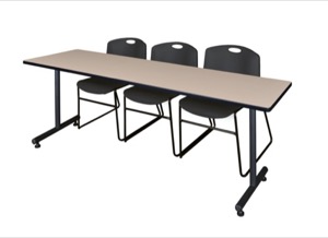 84" x 24" Kobe Training Table - Beige & 3 Zeng Stack Chairs - Black