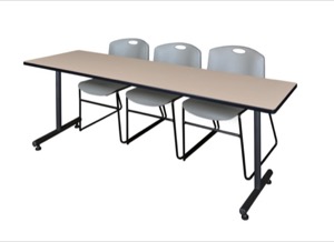 84" x 24" Kobe Training Table - Beige & 3 Zeng Stack Chairs - Grey