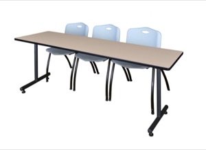 84" x 24" Kobe Training Table - Beige & 3 'M' Stack Chairs - Grey