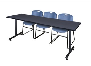 84" x 24" Kobe Training Table - Grey & 3 Zeng Stack Chairs - Blue
