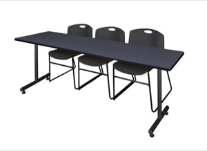 84" x 24" Kobe Training Table - Grey & 3 Zeng Stack Chairs - Black