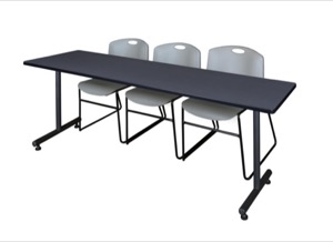 84" x 24" Kobe Training Table - Grey & 3 Zeng Stack Chairs - Grey