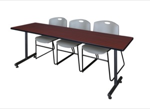 84" x 24" Kobe Training Table - Mahogany & 3 Zeng Stack Chairs - Grey