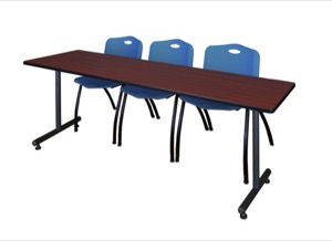 84" x 24" Kobe Training Table - Mahogany & 3 'M' Stack Chairs - Blue