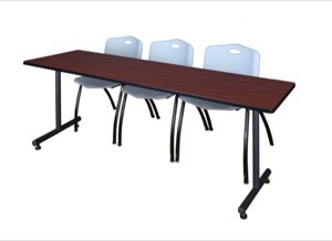 84" x 24" Kobe Training Table - Mahogany & 3 'M' Stack Chairs - Grey