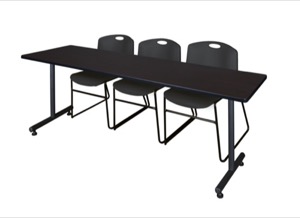 84" x 24" Kobe Training Table - Mocha Walnut & 3 Zeng Stack Chairs - Black