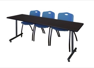 84" x 24" Kobe Training Table - Mocha Walnut & 3 'M' Stack Chairs - Blue