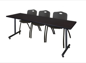 84" x 24" Kobe Training Table - Mocha Walnut & 3 'M' Stack Chairs - Black