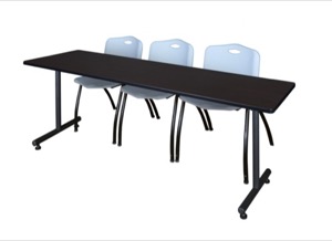 84" x 24" Kobe Training Table - Mocha Walnut & 3 'M' Stack Chairs - Grey
