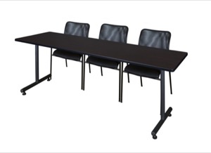 84" x 24" Kobe Training Table - Mocha Walnut & 3 Mario Stack Chairs - Black