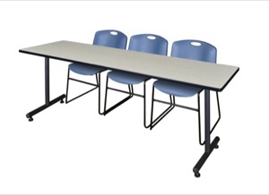 84" x 24" Kobe Training Table - Maple & 3 Zeng Stack Chairs - Blue